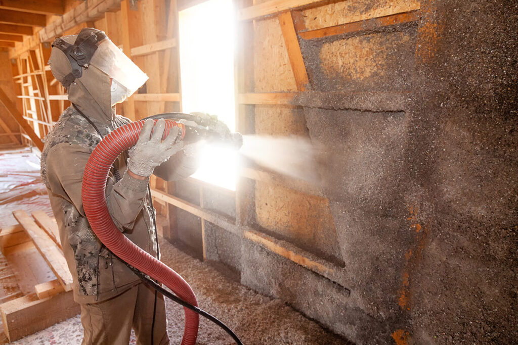 Man installing cellulose insulation in wall