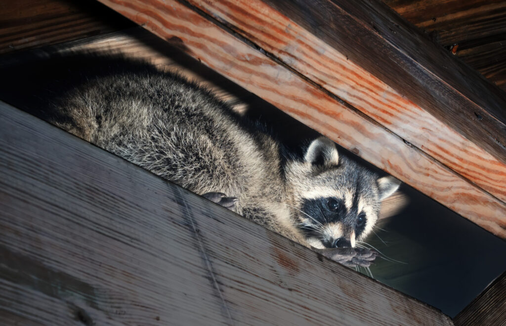 An American raccoon between wood beams in the attic of a home.