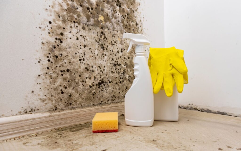 Cleaning products, a sponge, and rubber gloves sit on a floor in front of a wall covered in what appears to be mold 