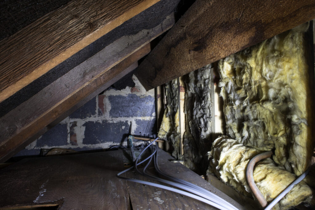 A dark crawl space with aging, discolored insulation